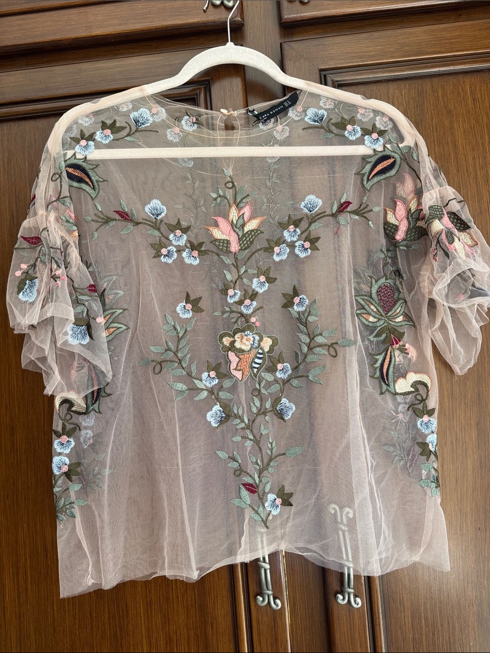 Zara Sheer Embroidered Floral Blouse - Blush Pink